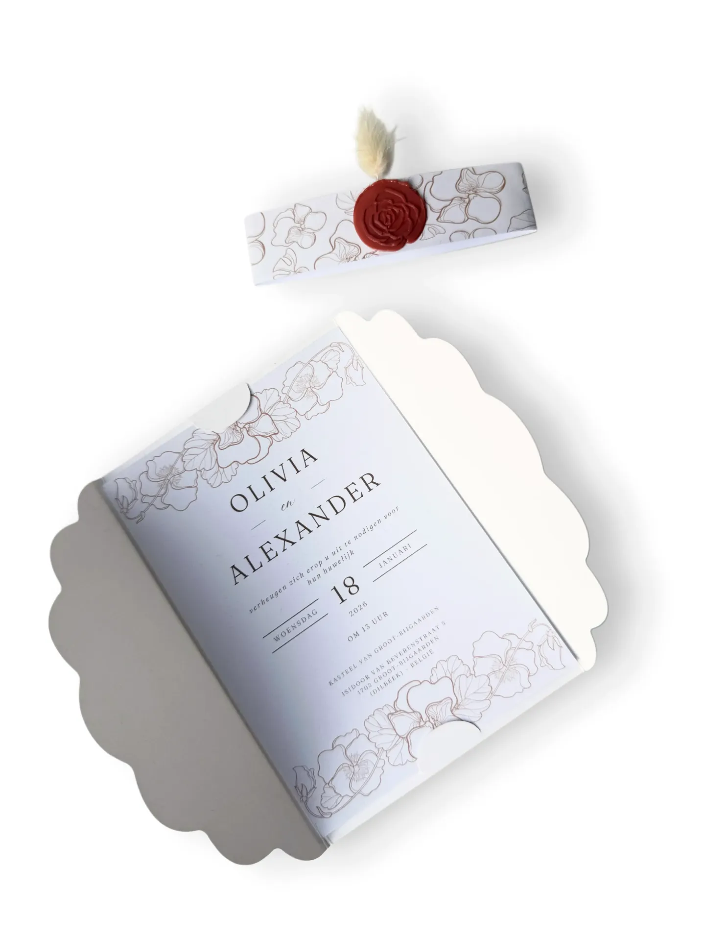 Pocketfold trouwuitnodiging met bloemprint 